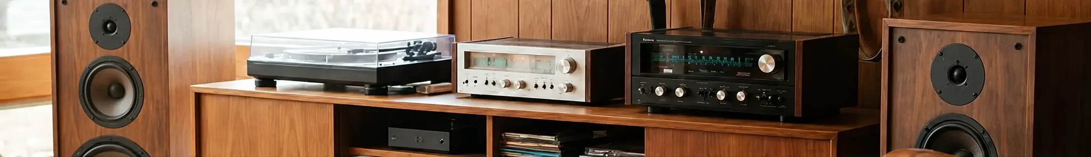 Klasszikus fa hangsugárzókból, lemezjátszóból és erősítőkből álló audiórendszer