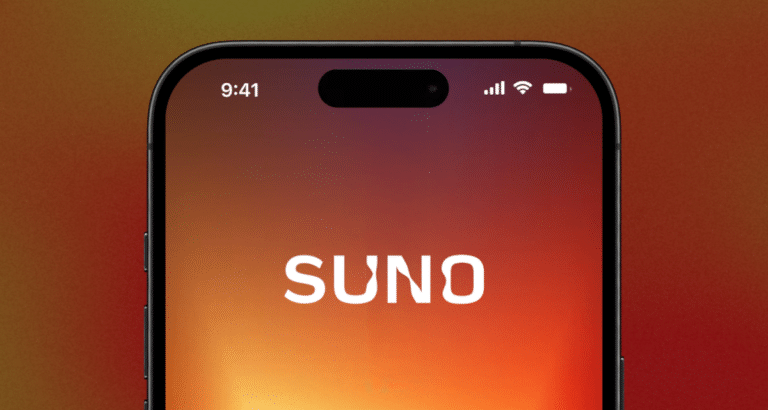 Suno logó egy telefon képernyőjén, narancsos háttérrel