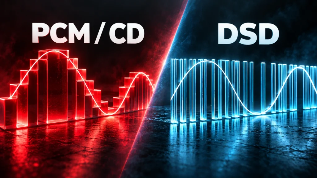 PCM / CD és DSD feliratok, piros és kék fényű, hullámformát idéző oszlopokkal.