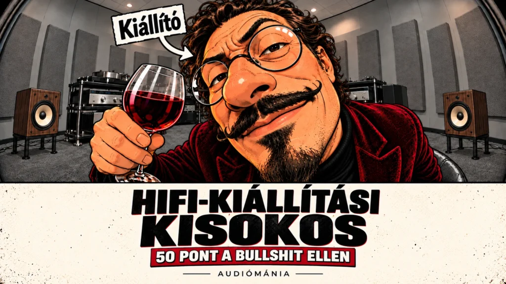 Borospoharas, önelégült kiállító erős halszemtorzítású képregényes portréja egy szürke hifibemutató teremben. HiFi-kiállítási kisokos – 50 pont a bullshit ellen.