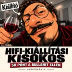 Borospoharas, önelégült kiállító erős halszemtorzítású képregényes portréja egy szürke hifibemutató teremben. HiFi-kiállítási kisokos – 50 pont a bullshit ellen.