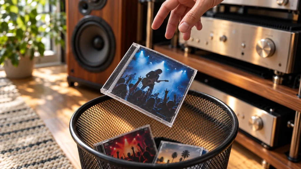 Egy kéz koncertborítós CD-t ejt a hifi mellett álló szemeteskosárba.