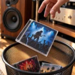 Egy kéz koncertborítós CD-t ejt a hifi mellett álló szemeteskosárba.